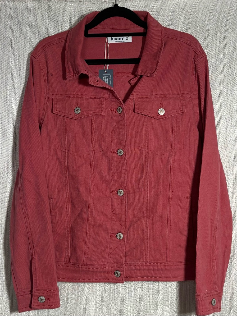 Luvamia Women's Rose Red Denim Jacket - Classic Button-Front Jean Jacket